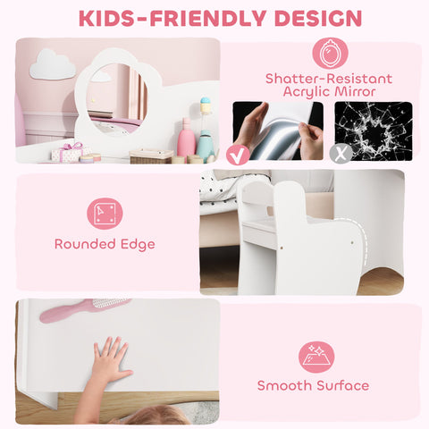 White aiyaplay kids dressing table with cloud mirror, rounded edges, and two open compartments for ages 3-8 years