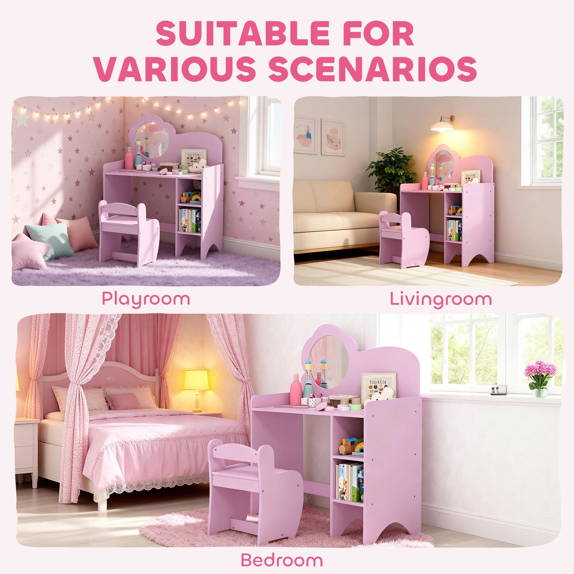 Pink aiyaplay kids dressing table with heart-shaped mirror two open compartments and matching chair for ages 3-8 years