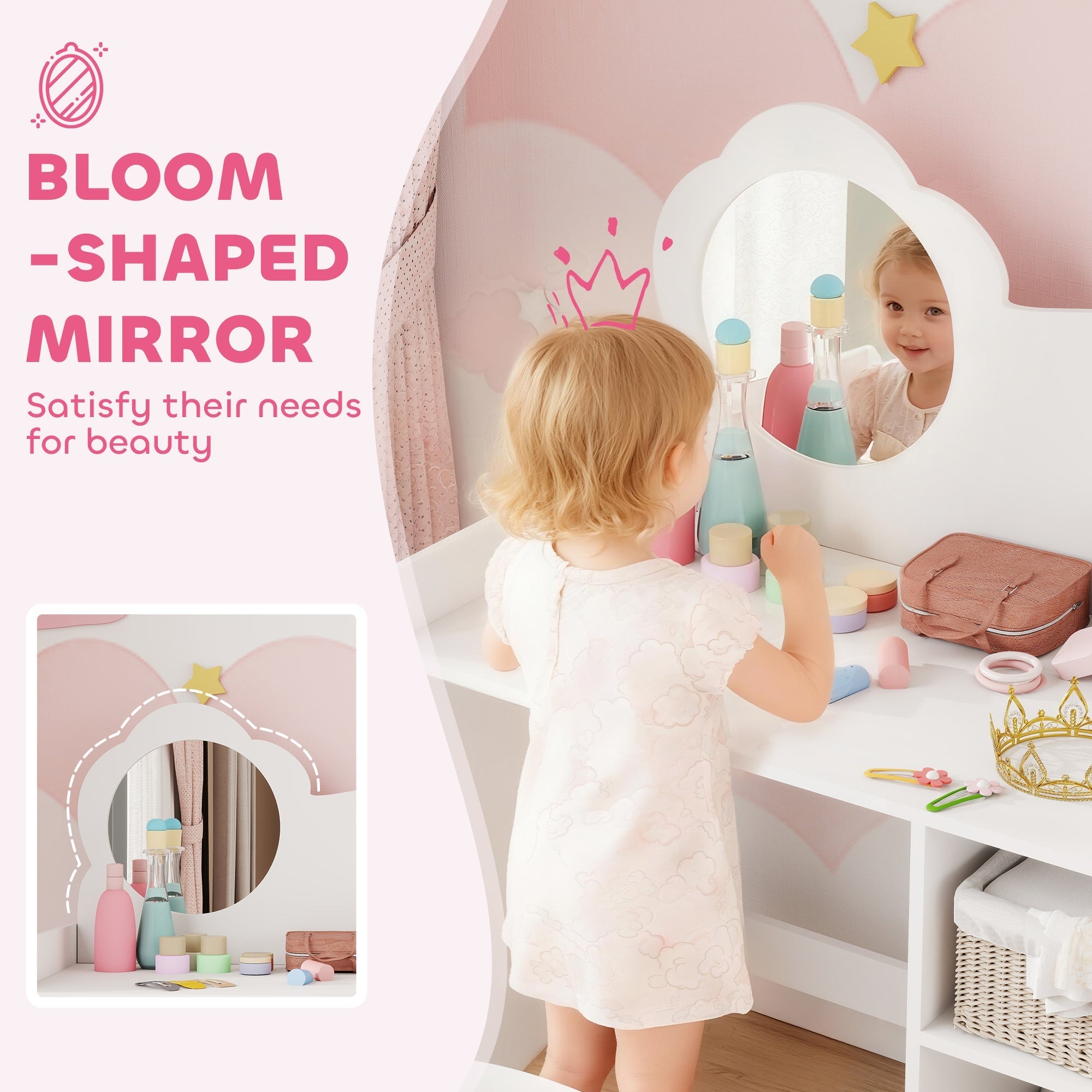 Aiyaplay kids dressing table with pink bloom-shaped mirror white frame decorative crown and two open compartments