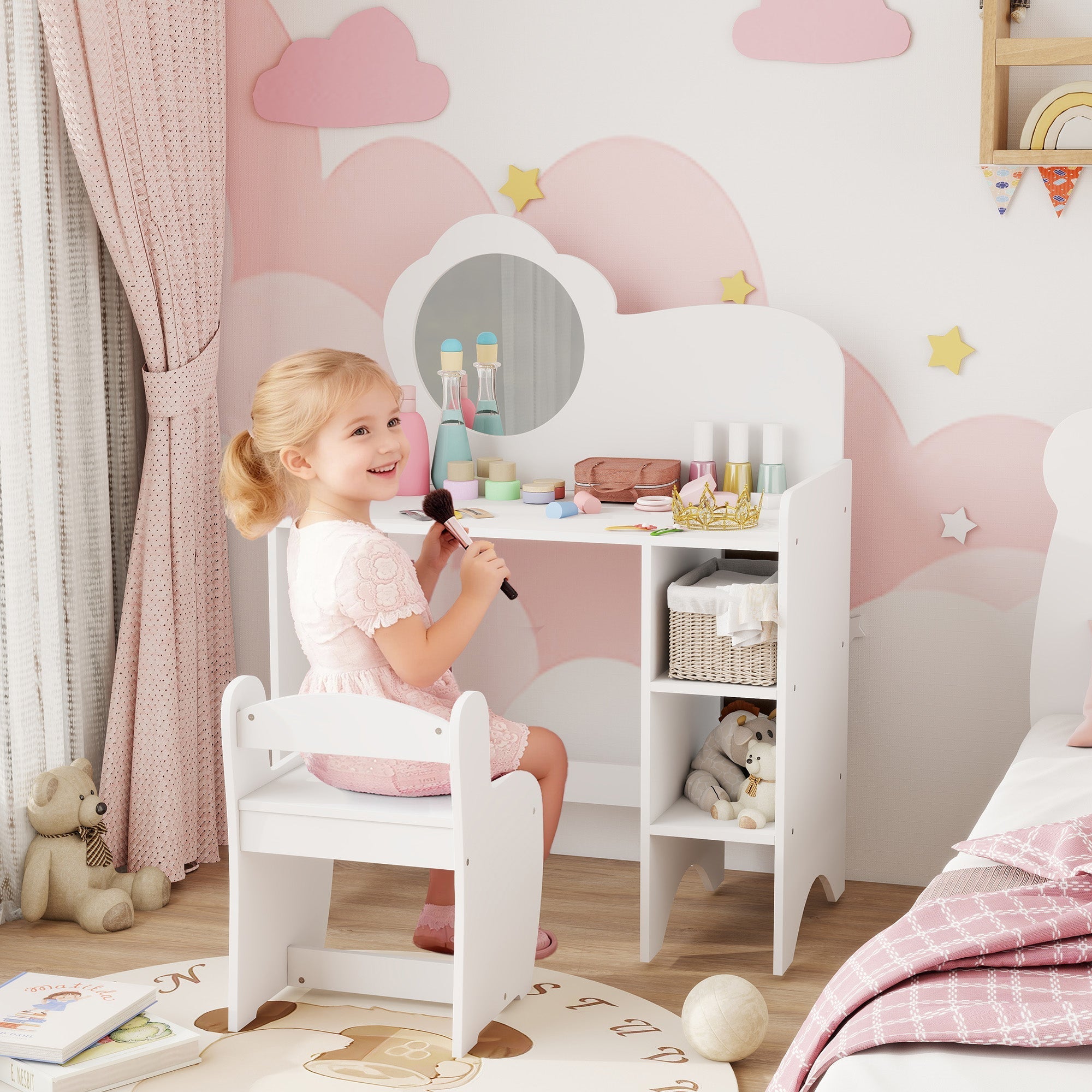 White cloud-shaped aiyaplay kids dressing table with round mirror and two open compartments for kids 3-8 years