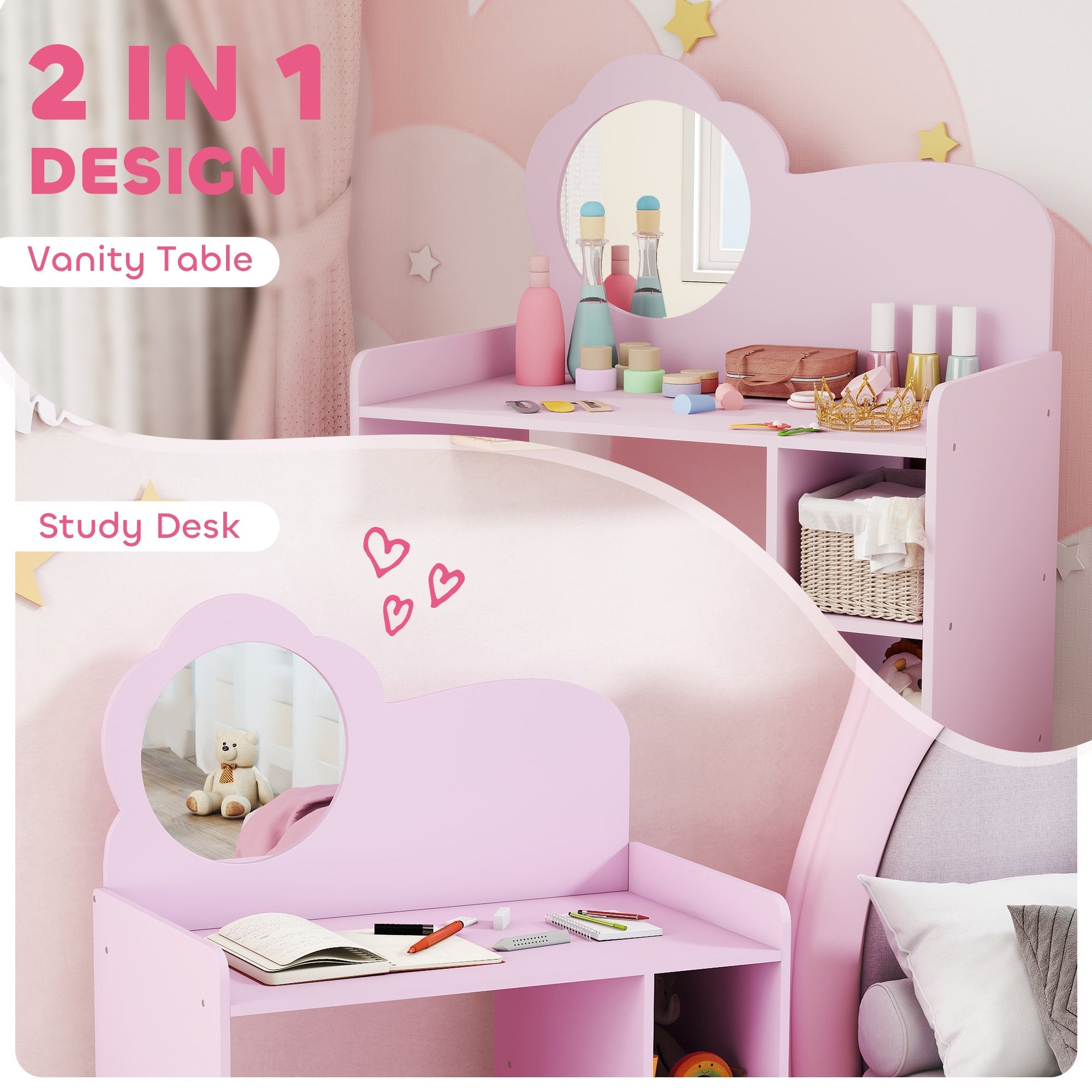 Pink aiyaplay kids dressing two-in-one vanity table and study desk with cloud mirrors and two open compartments