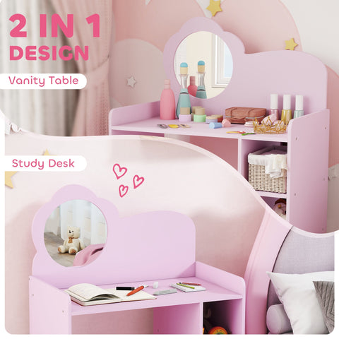 Pink aiyaplay kids dressing two-in-one vanity table and study desk with cloud mirrors and two open compartments