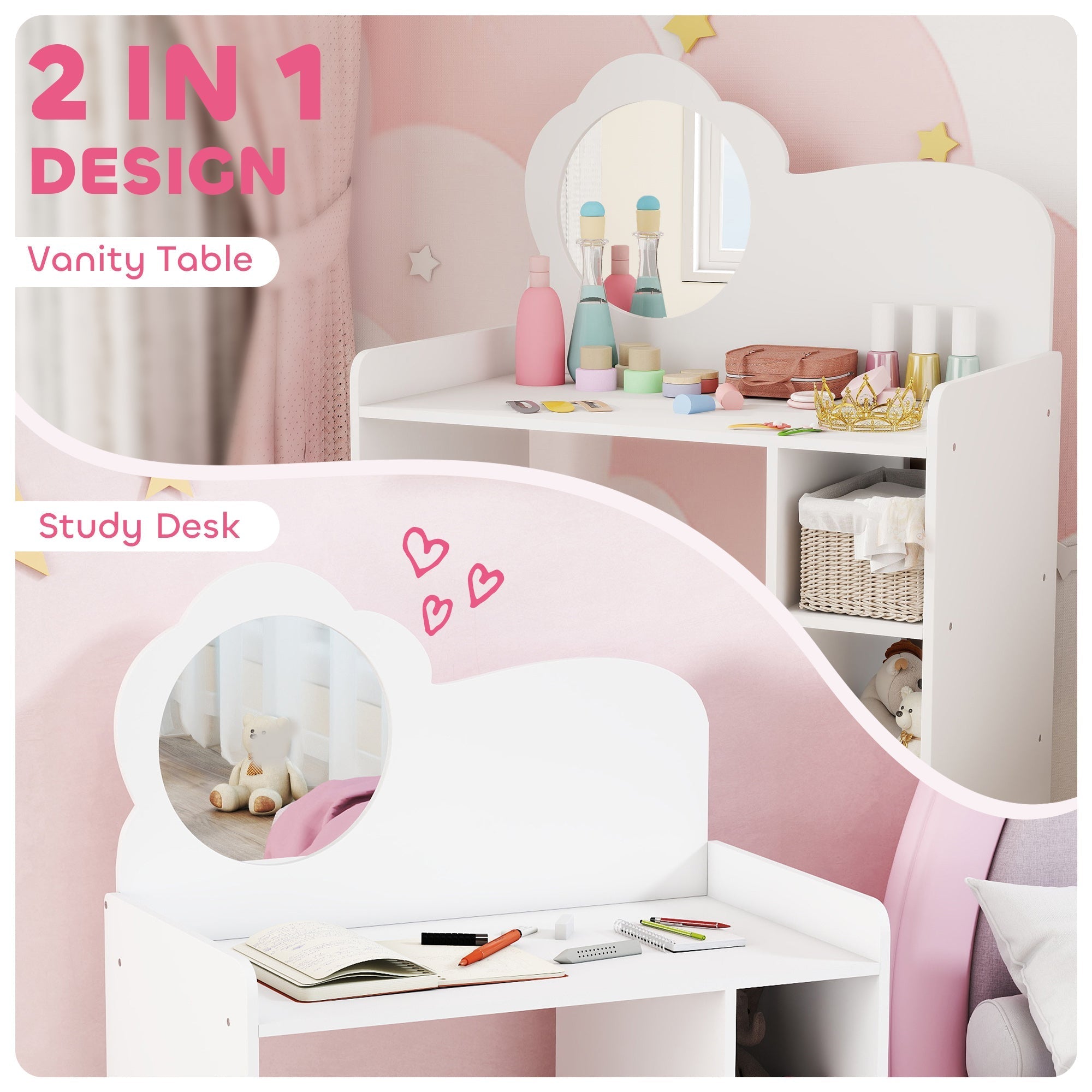 White cloud-shaped aiyaplay kids dressing table with mirror stool and two open compartments for kids 3-8 years
