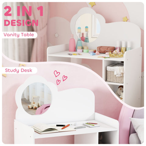 White cloud-shaped aiyaplay kids dressing table with mirror stool and two open compartments for kids 3-8 years
