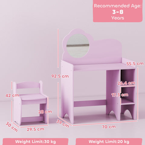 Pastel purple aiyaplay kids dressing table with cloud-shaped mirror stool and two open compartments for ages 3-8