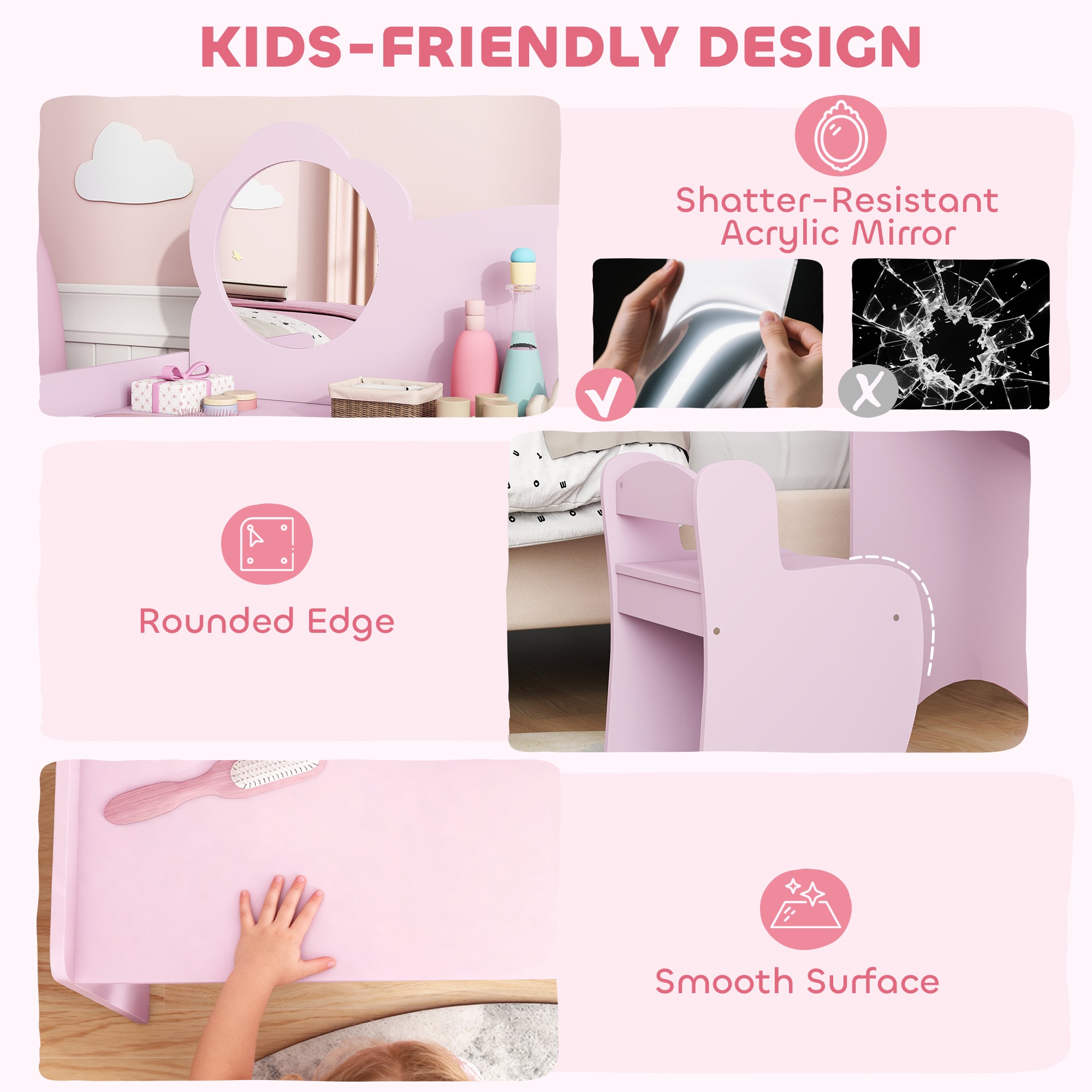 Aiyaplay kids dressing purple vanity table with round mirror two open compartments smooth surface for ages 3-8