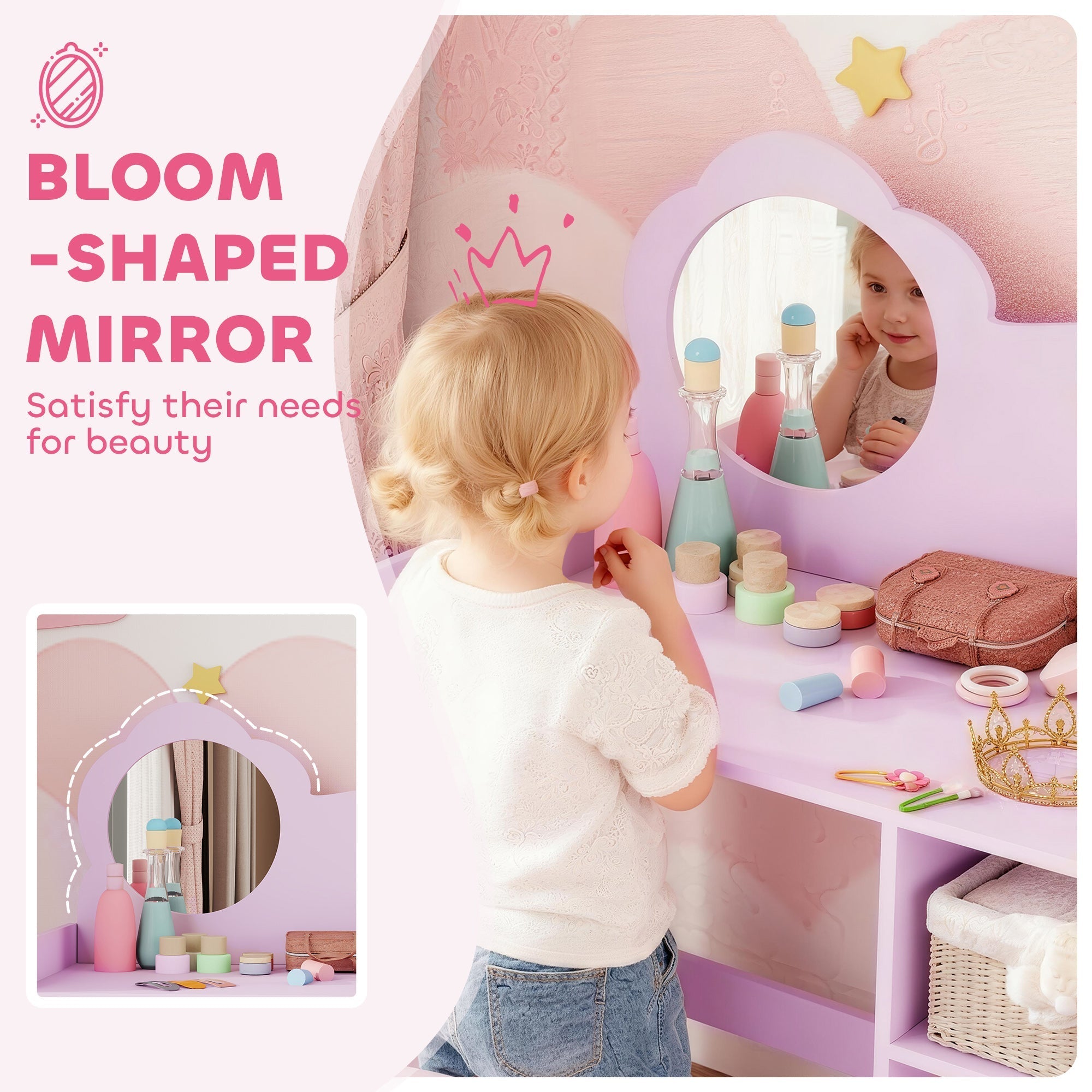 Pastel purple aiyaplay kids dressing table with bloom-shaped mirror and two open compartments for kids 3-8 years