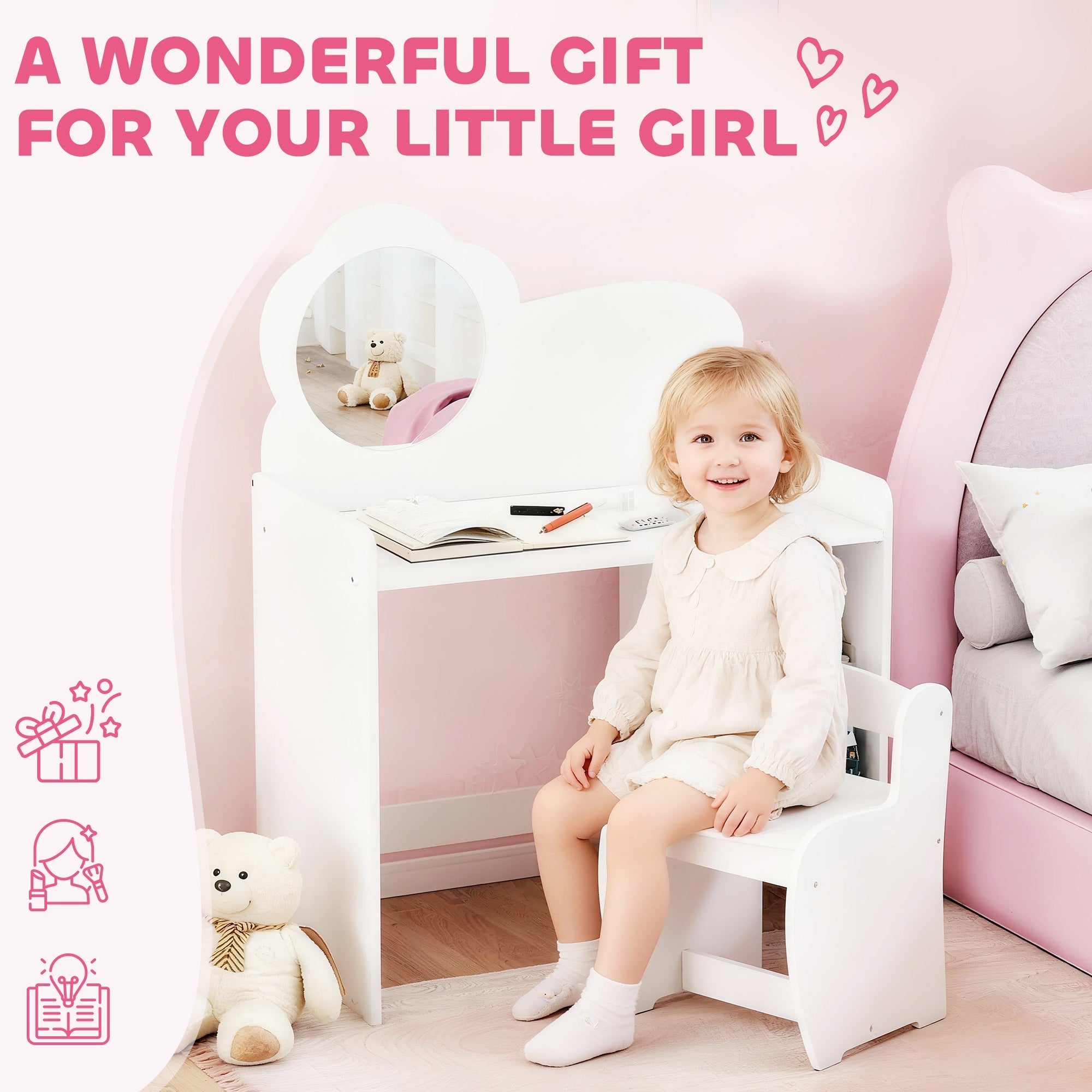 White aiyaplay kids dressing table with mirror and stool featuring two open compartments for kids ages 3-8 years