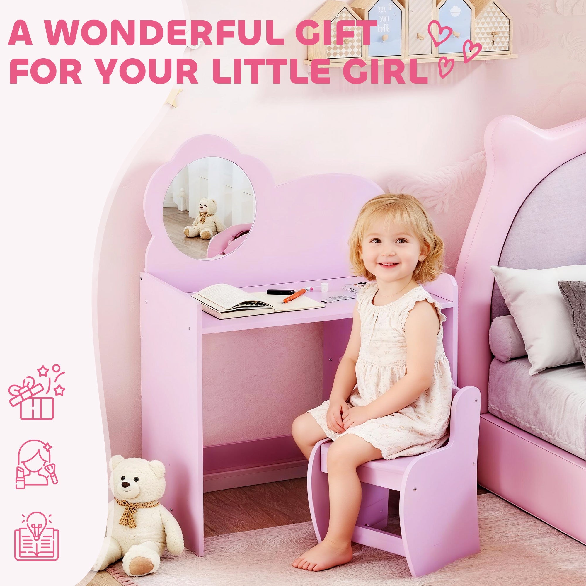 Pink aiyaplay kids dressing table with cloud-shaped mirror and matching chair featuring two open compartments