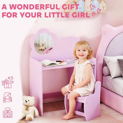Pink aiyaplay kids dressing table with cloud-shaped mirror and matching chair featuring two open compartments
