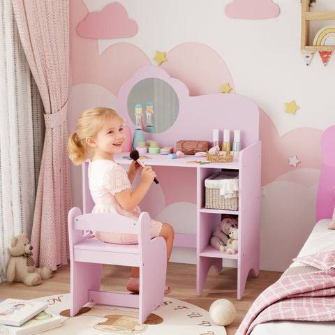 Aiyaplay kids dressing purple vanity table with cloud mirror and two open compartments for kids 3 to 8 years