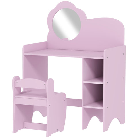 Pastel pink aiyaplay kids dressing table with cloud mirror, matching chair, and two open compartments for storage