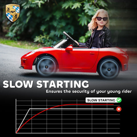 Red licensed ruf kids electric car with sleek convertible design and black leather like upholstery for ages 3-5