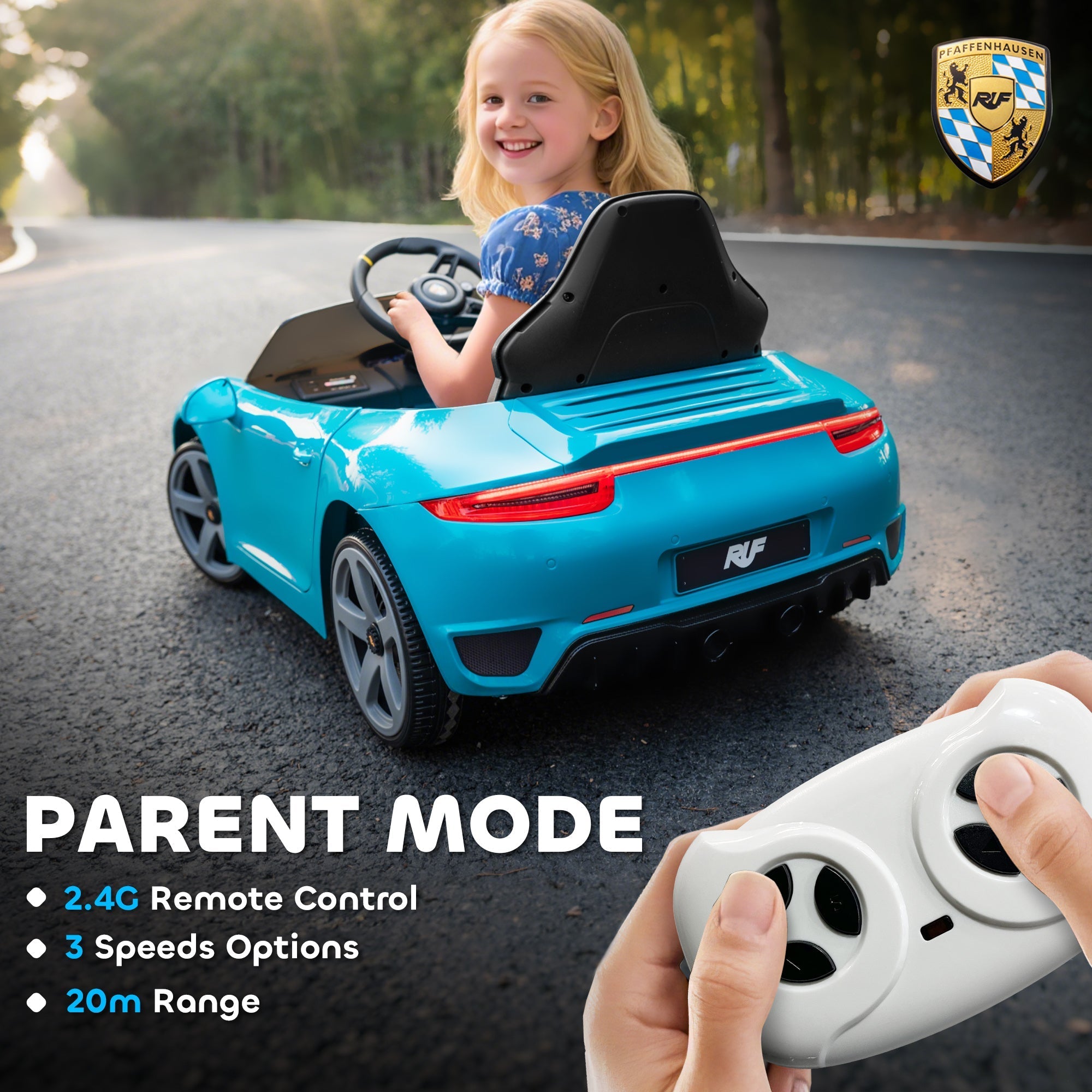 Bright blue kids electric car with black accents showing licensed ruf logo on the rear for ages 3 to 5 years