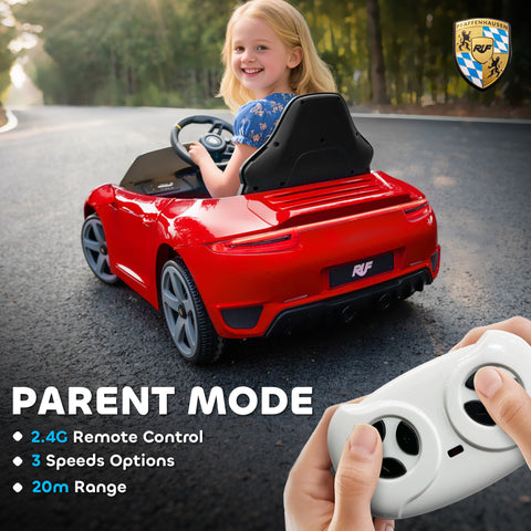 Red kids electric ride on car with black interior gray wheels and licensed ruf design for ages 3 to 5 years