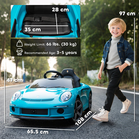Bright blue kids electric car resembling licensed ruf gt with black interior and detailed exterior for ages 3-5
