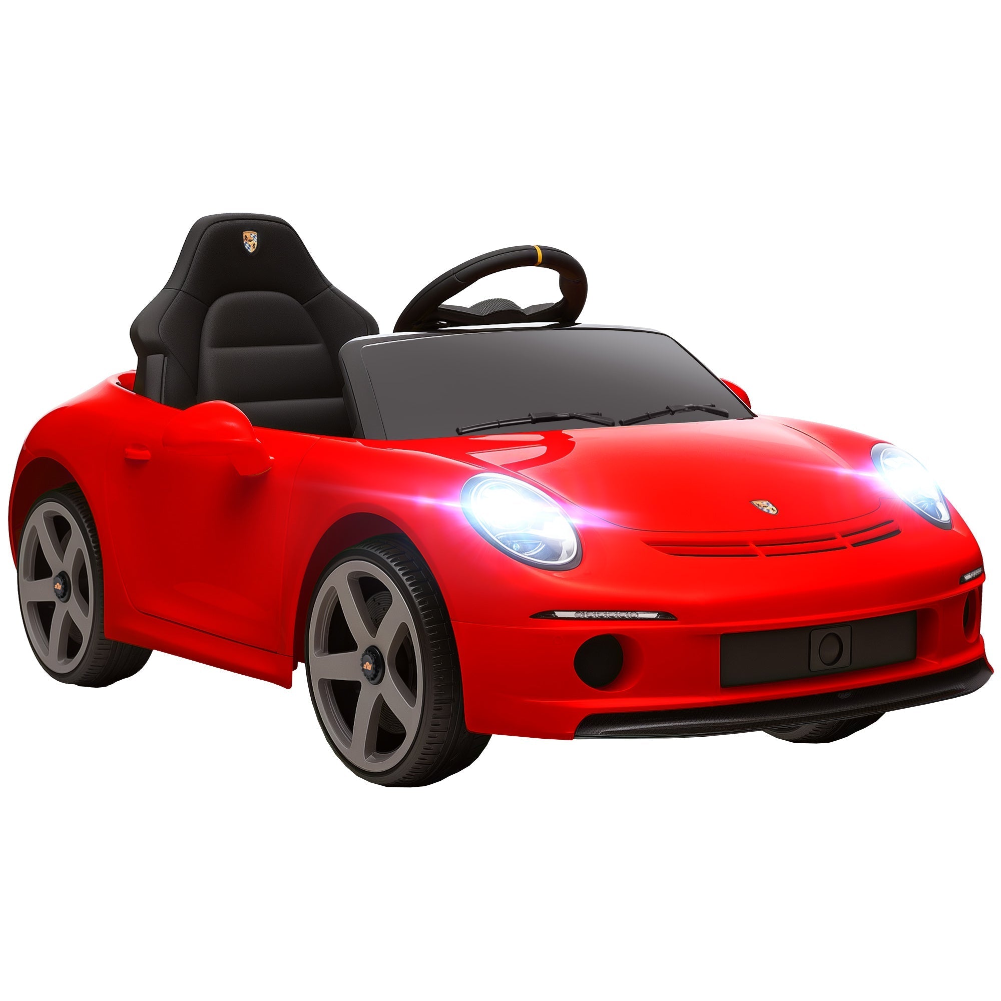 Red kids electric car with black racing seat and illuminated headlights licensed ruf 12v ride on for ages 3-5