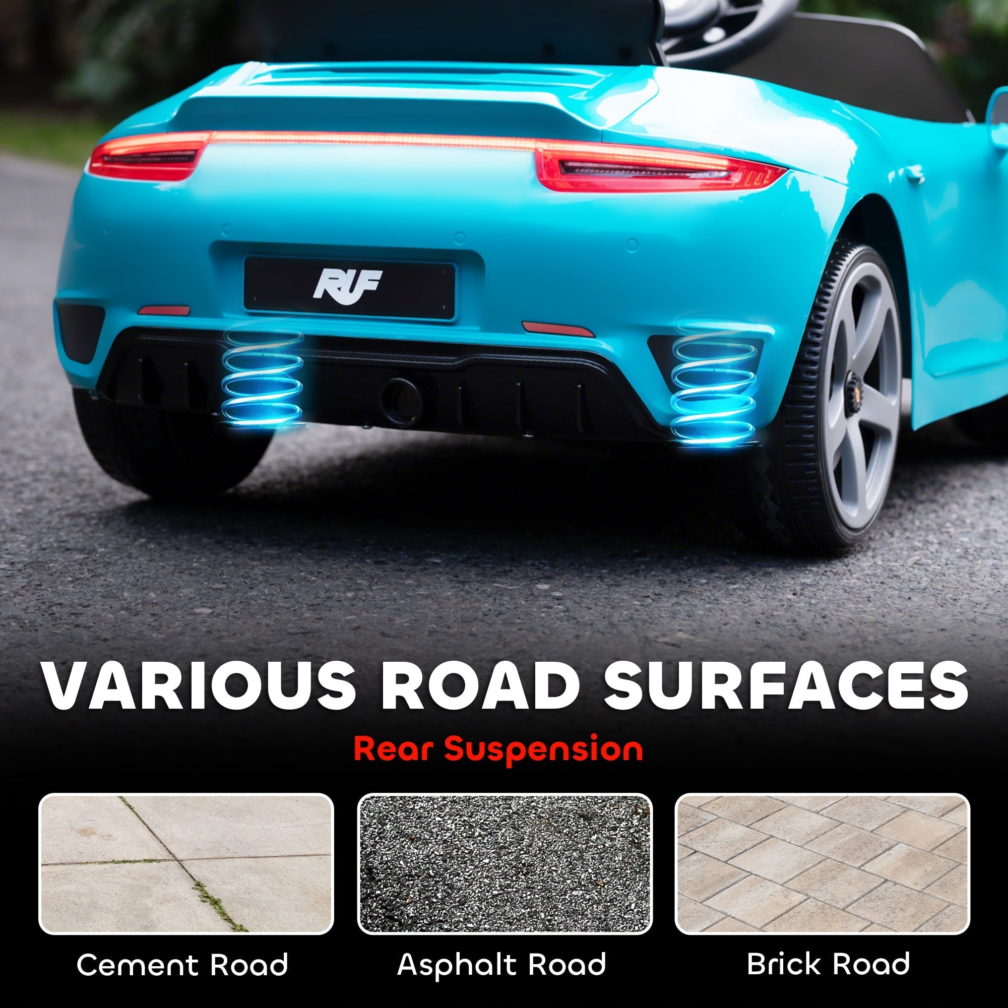 Bright turquoise kids electric car licensed ruf gt with black accents and glowing blue rear suspension springs