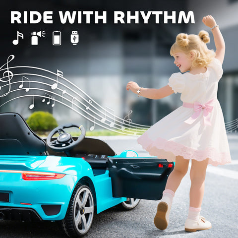 Bright turquoise kids electric car with black interior and silver rims ai yaplay licensed ruf gt model
