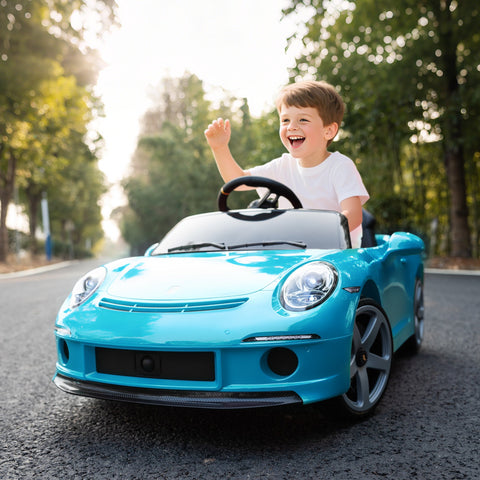 Bright turquoise licensed ruf kids electric car with black steering wheel and silver rims for ages 3 to 5 years