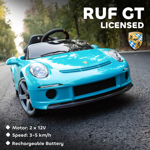 Vibrant turquoise aiayaplay kids electric car licensed ruf gt with black accents silver rims and suspension for ages 3-5