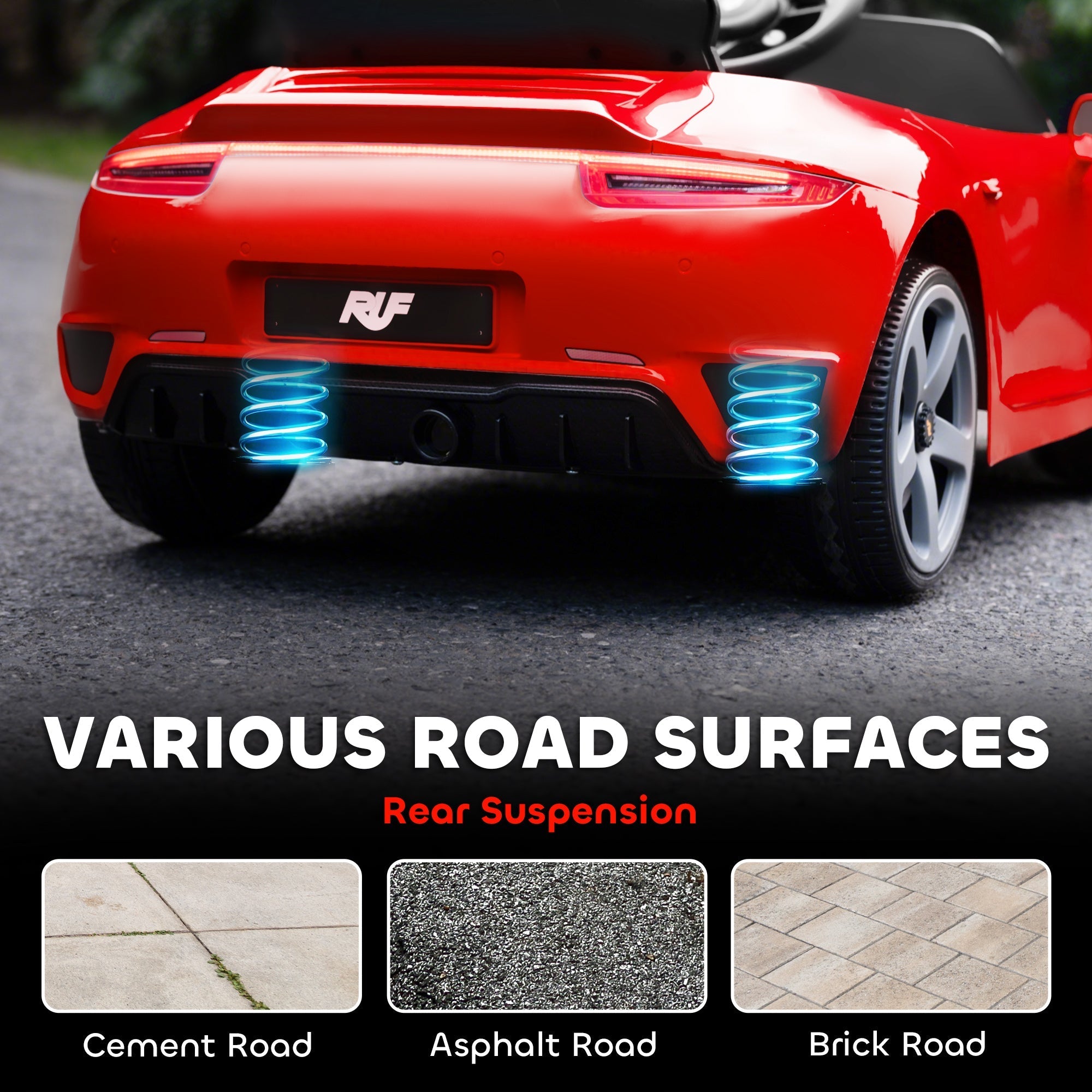 Red kids electric car licensed ruf gt showing glowing blue led lights on rear suspension for ages 3 to 5