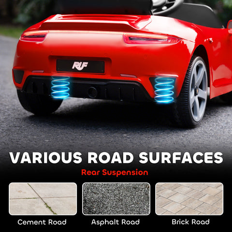 Red kids electric car licensed ruf gt showing glowing blue led lights on rear suspension for ages 3 to 5