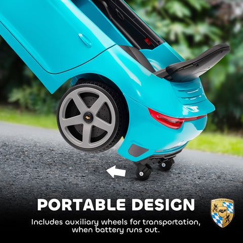 Bright blue licensed ruf kids electric car with black accents and silver alloy wheels for ages 3 to 5 years