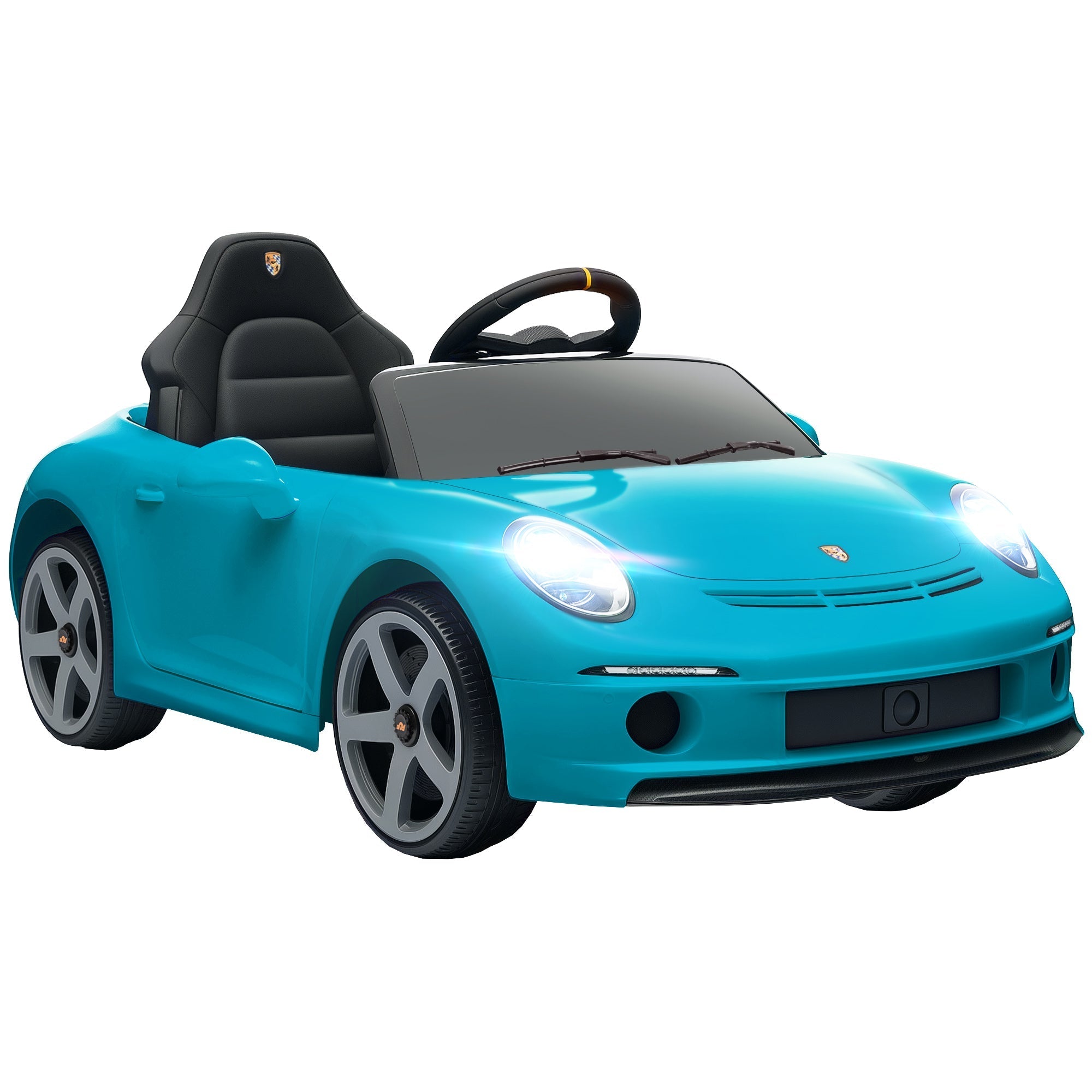 Turquoise kids electric car like a licensed ruf gt with black leather-like seats and silver rims for ages 3-5 years