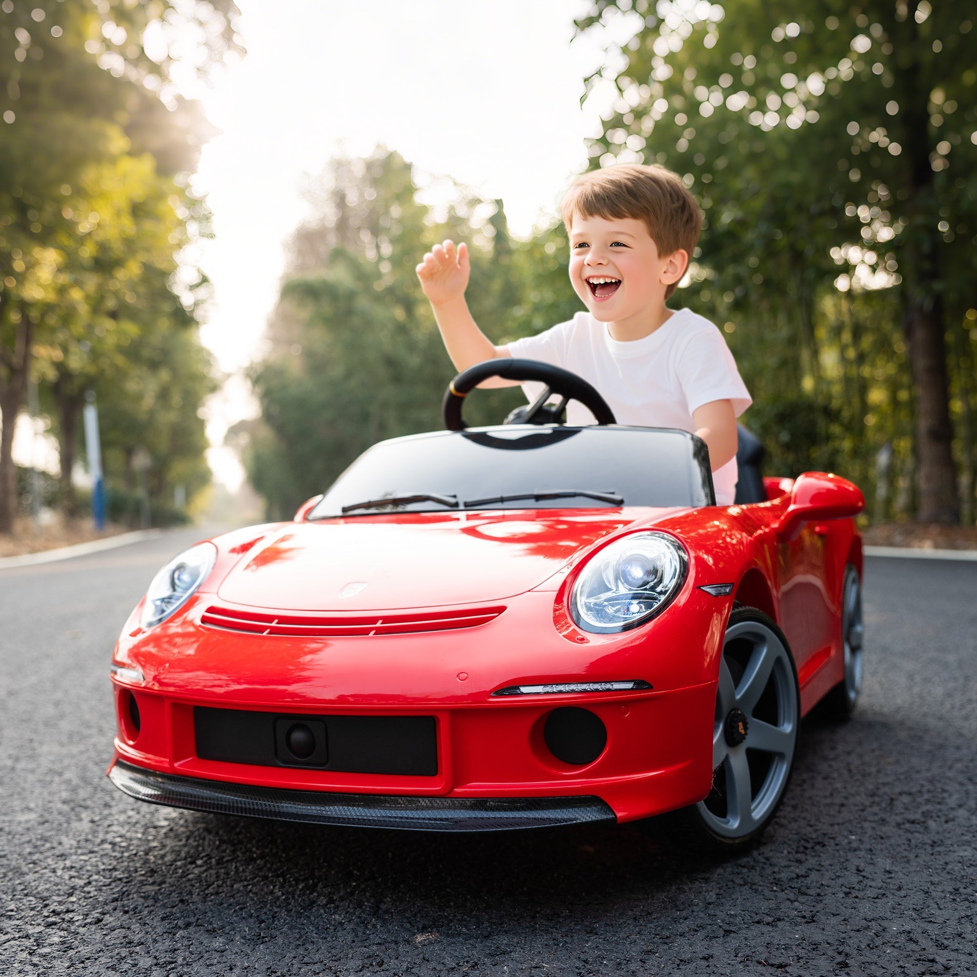 Red licensed ruf kids electric car with sleek glossy finish black accents and remote control for ages 3 to 5 years