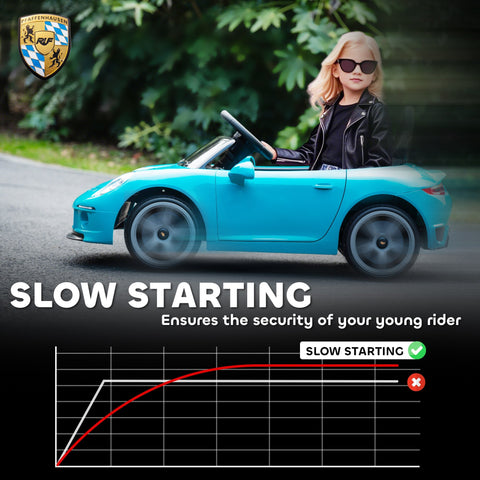 A turquoise licensed ruf kids electric car with suspension and remote controlled driven by a child in sunglasses and black jacket