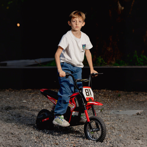 Red aiyaplay kids electric dirt bike with black handlebars and wheels number plate 81 for 8-12 years old