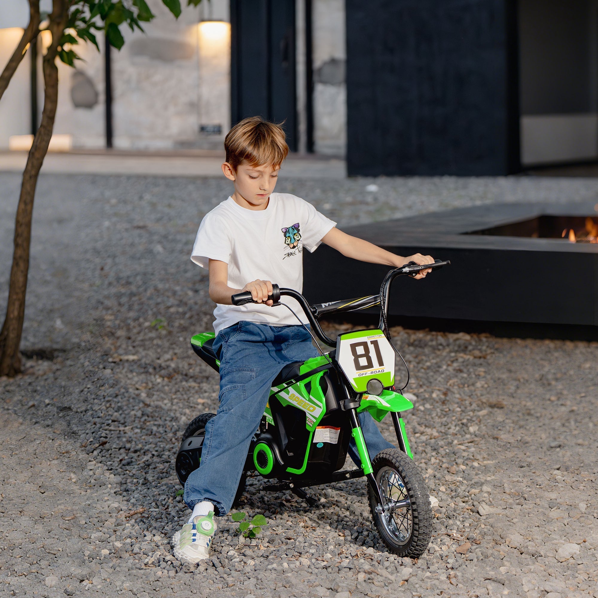 Green and black aiyaplay kids electric dirt bike with number 81 front fender 24v ride on for 8 to 12 years old