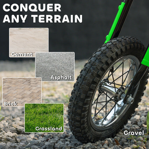 Bright green aiyaplay kids electric dirt bike with rugged black tire and chrome wheel for 8-12 years old kids electric riders