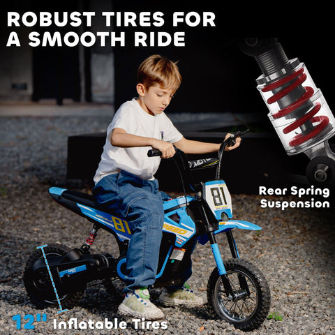 Aiyaplay kids electric 12-inch blue and black dirt bike with inflatable tires and rear spring suspension for kids