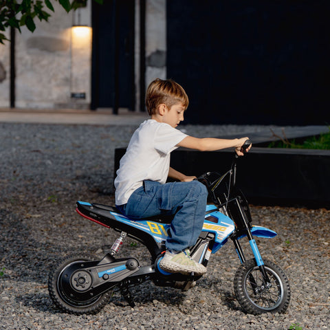 Aiyaplay kids electric blue and black dirt bike with yellow accents 24v 3 speeds rear suspension for kids 8-12 years old