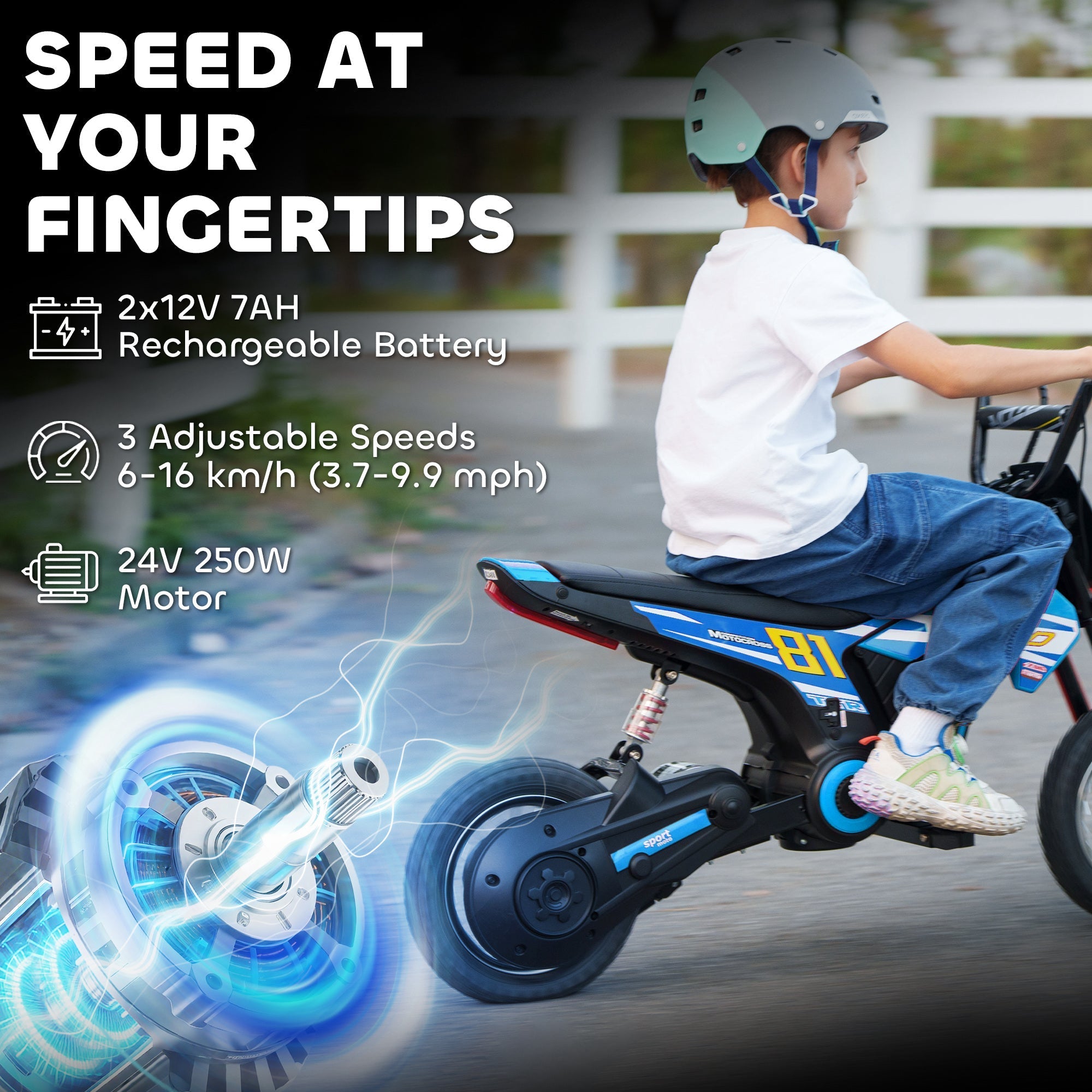 Blue and black aiyaplay kids electric dirt bike with 81 branding 24v ride on motorcycle for 8 to 12 years old