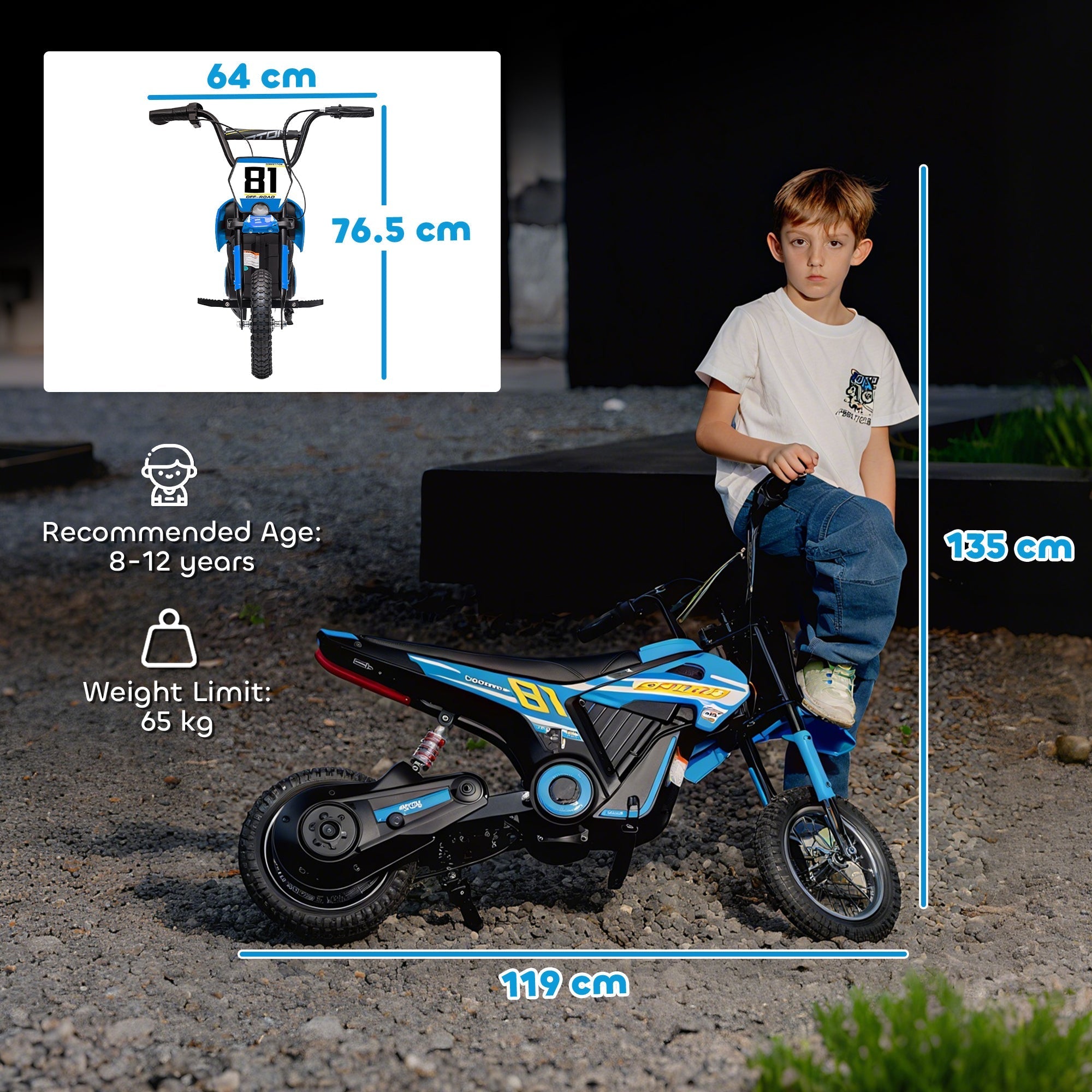 Blue and black aiyaplay kids electric dirt bike with 81 branding 24v 3 speeds and rear suspension for kids 8 to 12 years