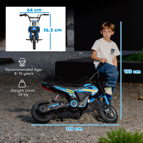 Blue and black aiyaplay kids electric dirt bike with 81 branding 24v 3 speeds and rear suspension for kids 8 to 12 years