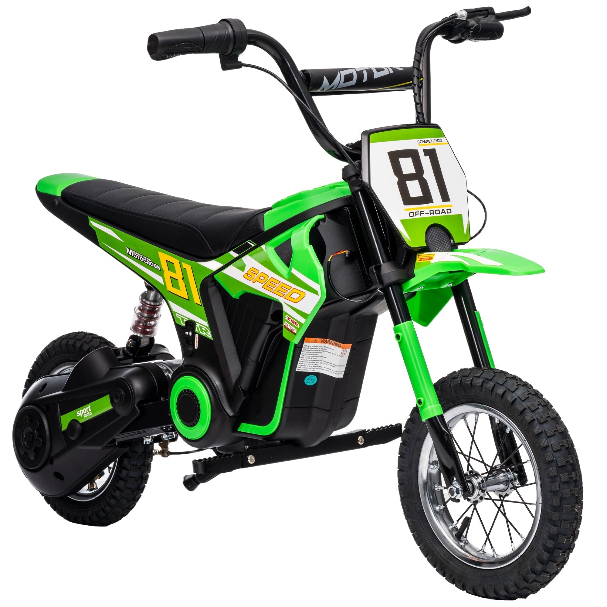 Aiyaplay kids electric green and black dirt bike with 81 racing number 24v 3 speeds rear suspension for ages 8-12