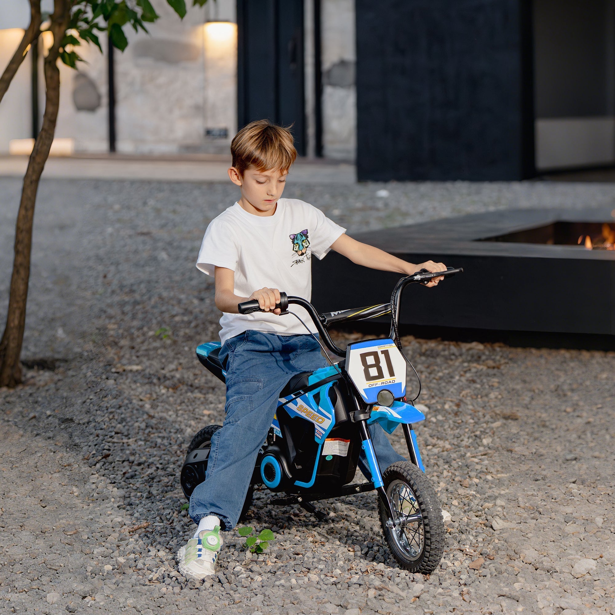 Blue and black aiyaplay kids electric dirt bike with white number plate 81 24v 3 speeds rear suspension for 8-12 years