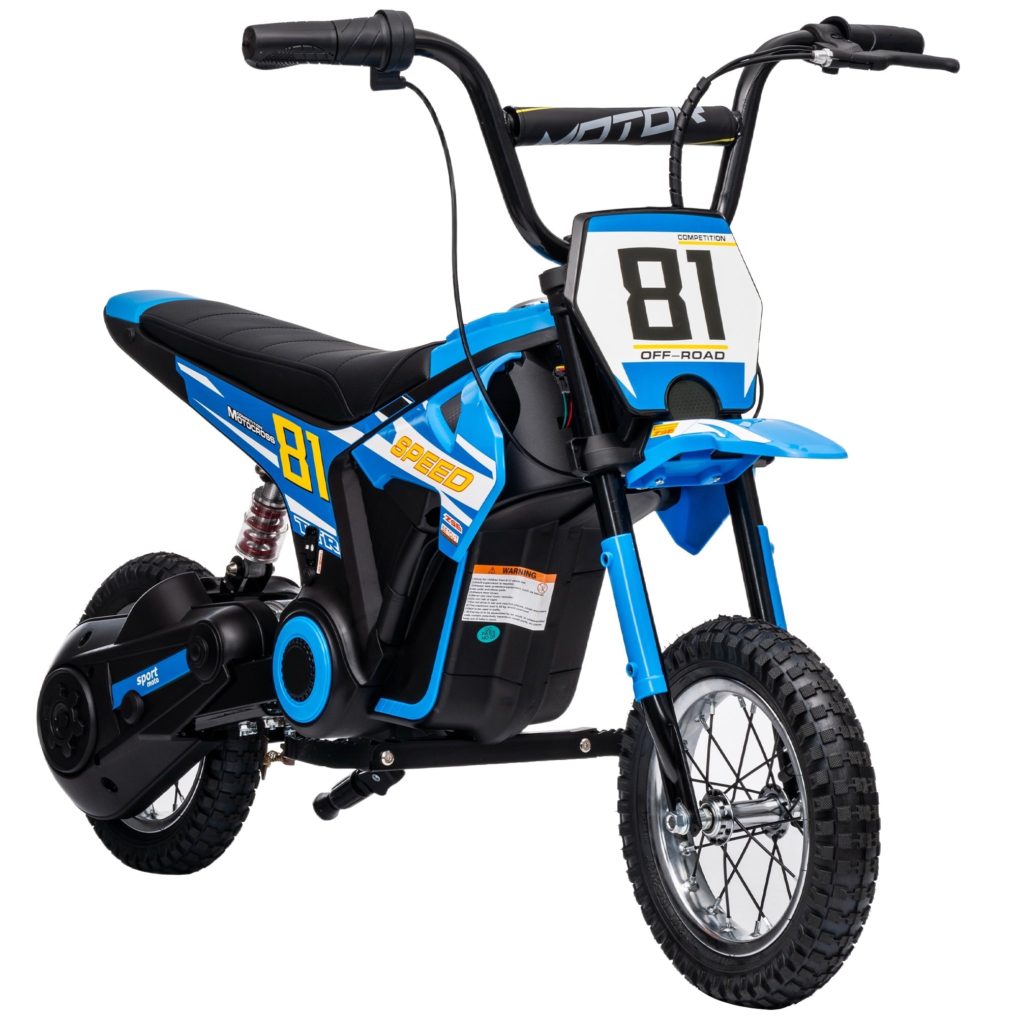 Blue and black aiyaplay kids electric dirt bike with number 81 24v motorbike for 8-12 years old with rear suspension