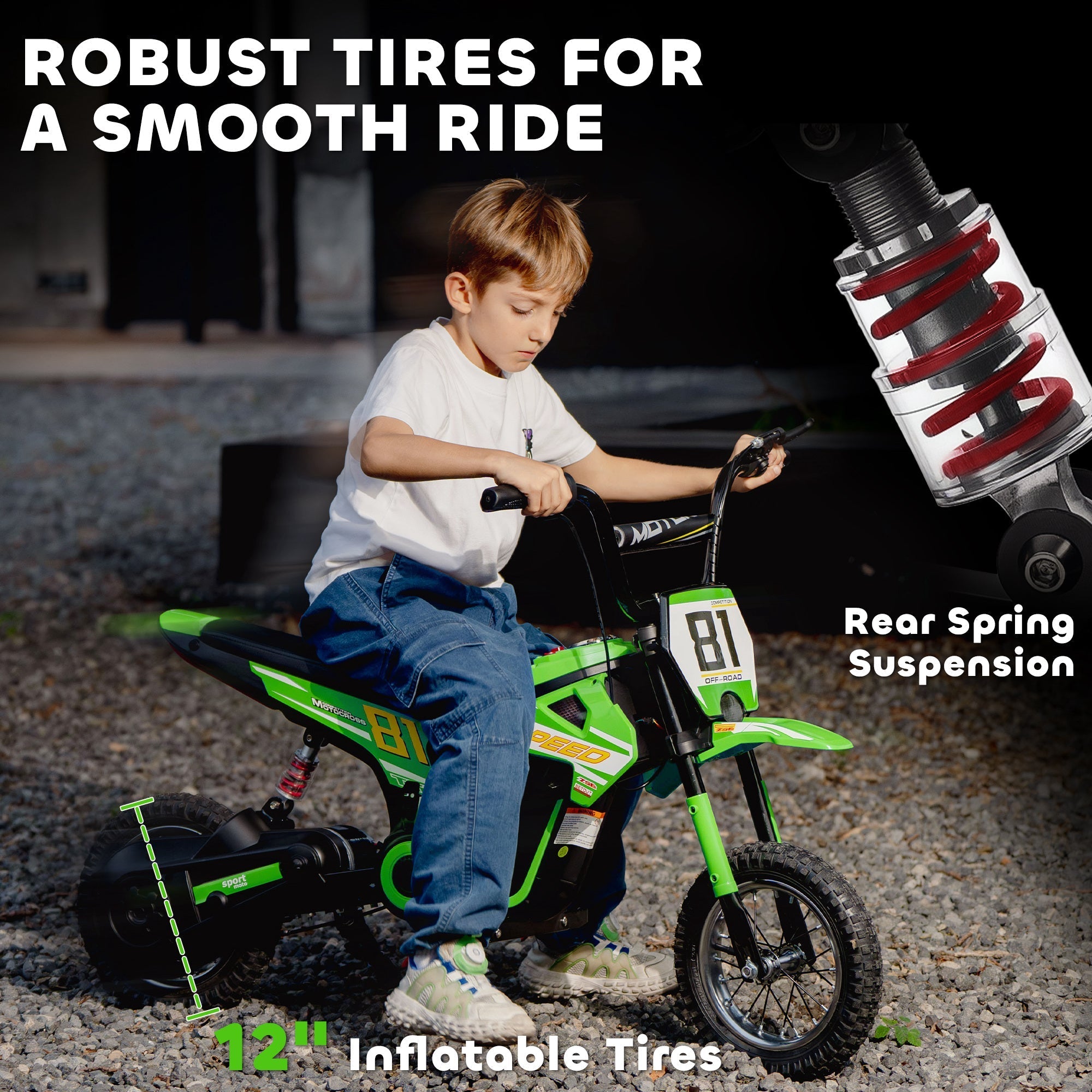 Green and black aiyaplay kids electric dirt bike with inflatable tires rear suspension for 8 to 12 years old kids electric ride on