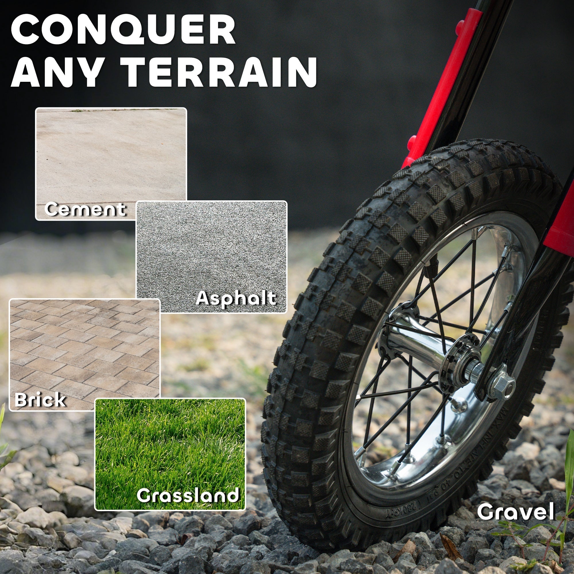 Black knobby tire with deep treads on chrome wheel attached to red frame of aiyaplay kids electric dirt bike