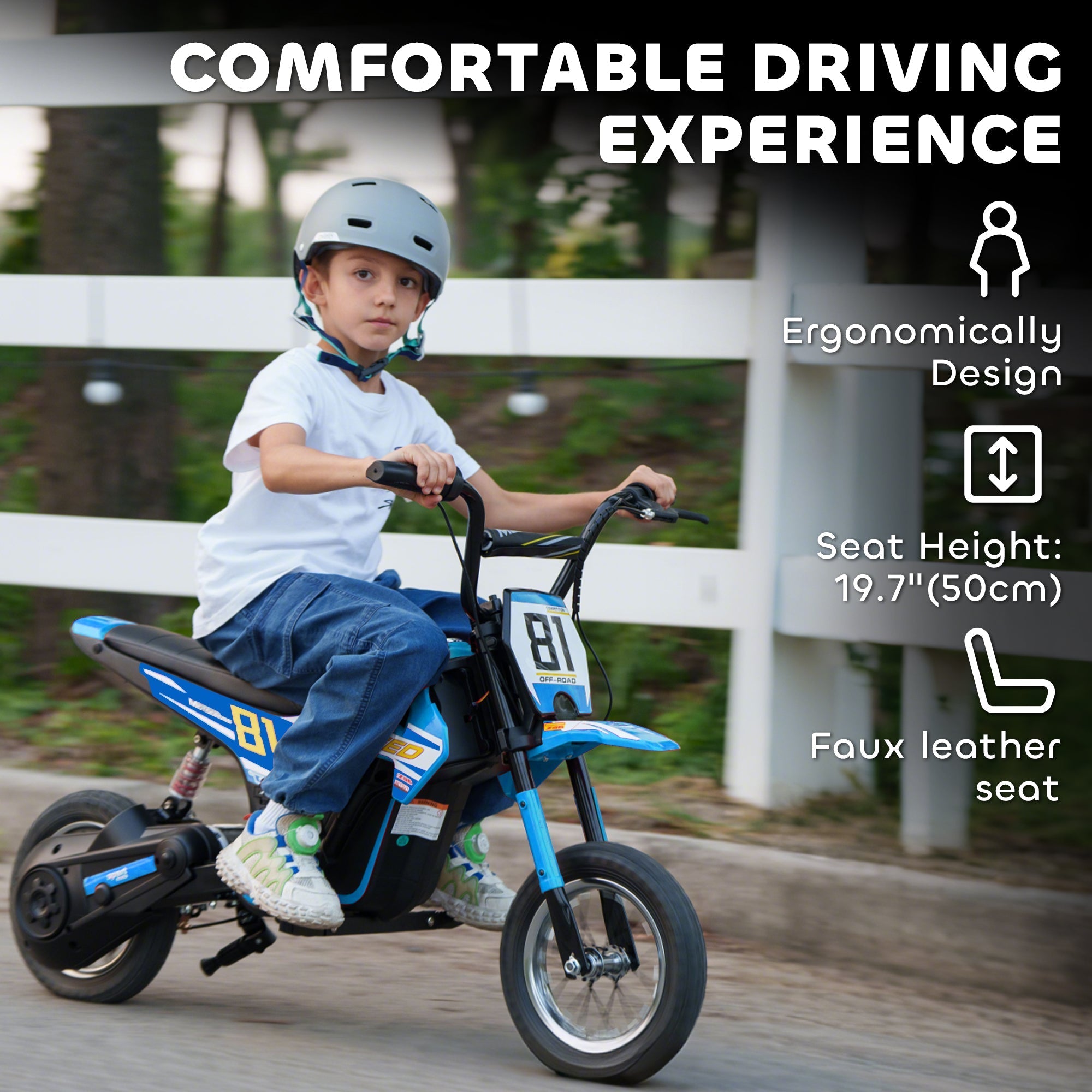 Blue and black aiyaplay kids electric motorcycle with faux leather seat and rear suspension for ages 8 to 12