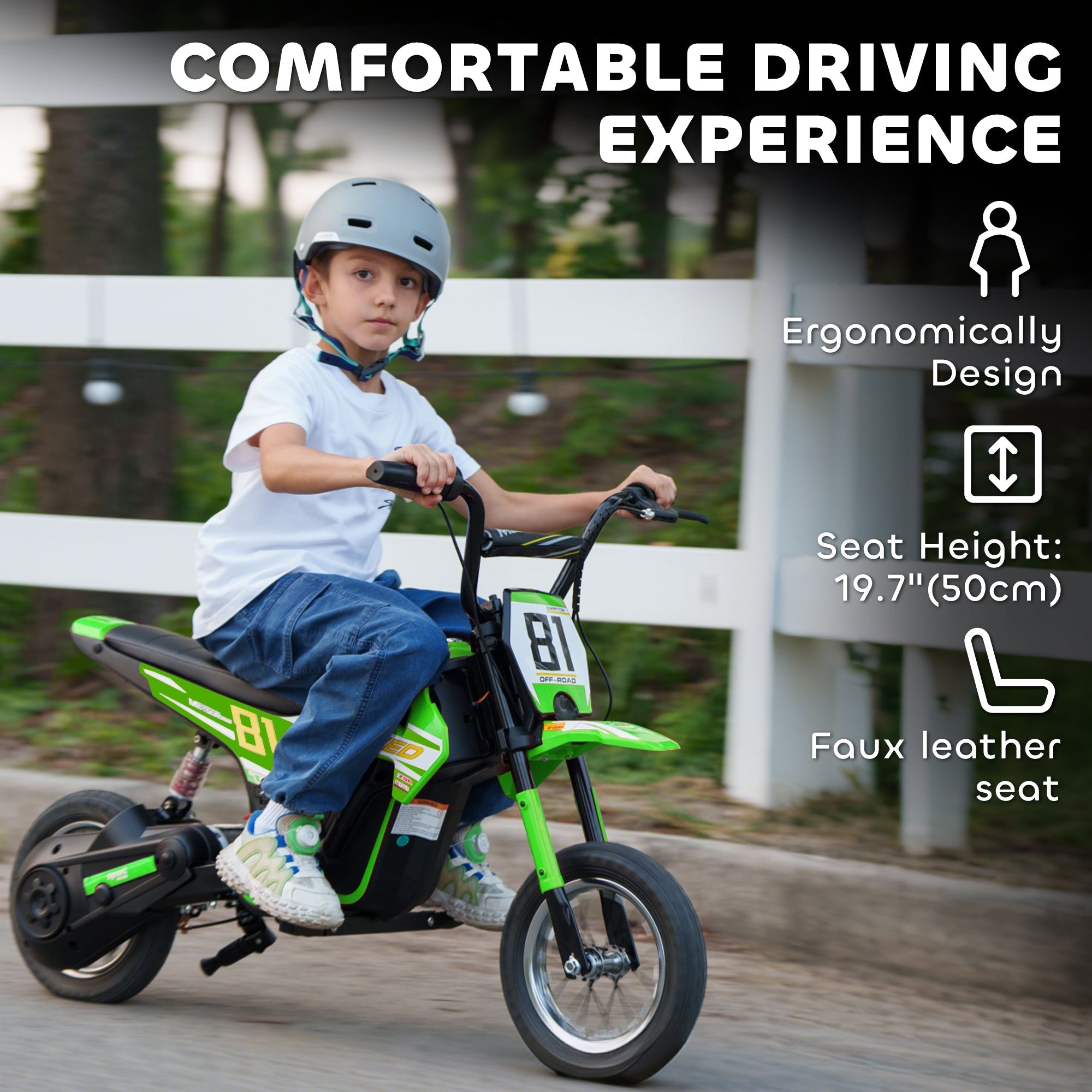 Green and black aiyaplay kids electric motorcycle with faux leather seat and rear suspension for kids 8 to 12 years old