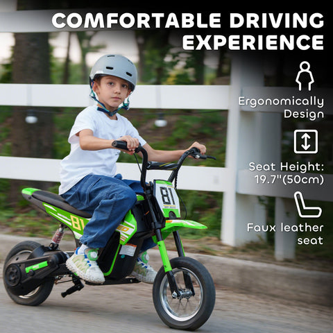 Green and black aiyaplay kids electric motorcycle with faux leather seat and rear suspension for kids 8 to 12 years old