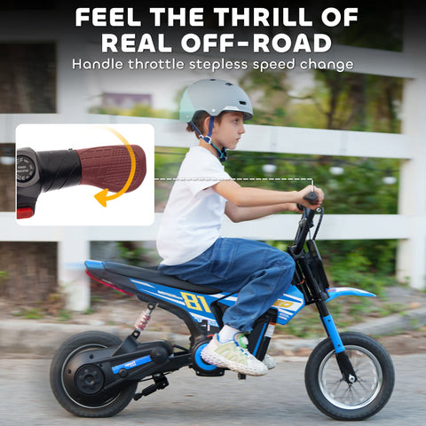 Blue and black aiyaplay kids electric dirt bike with handlebar throttle showing stepless speed change feature