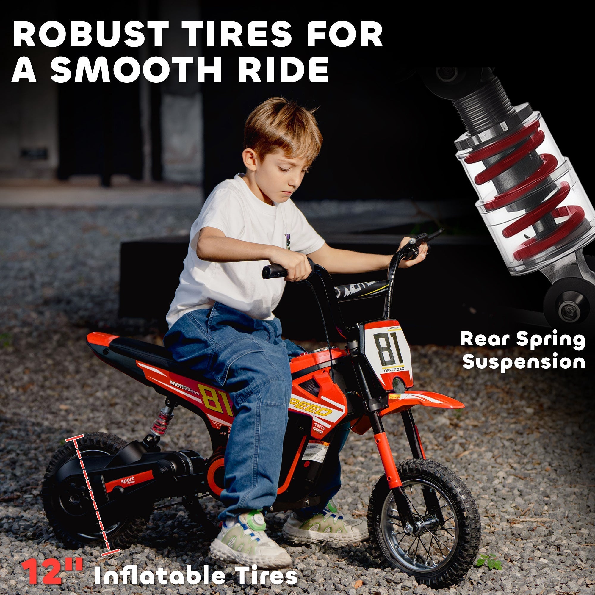 Aiyaplay kids electric 12-inch orange and black dirt bike with inflatable tires and rear spring suspension for kids
