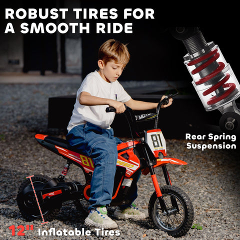 Aiyaplay kids electric 12-inch orange and black dirt bike with inflatable tires and rear spring suspension for kids